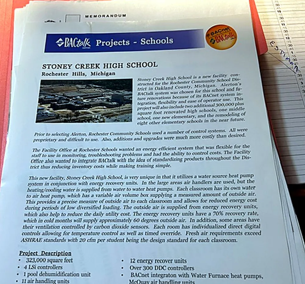 Alerton BACtalk “Projects – Schools” sheet on Stoney Creek High School, Rochester Hills, Michigan