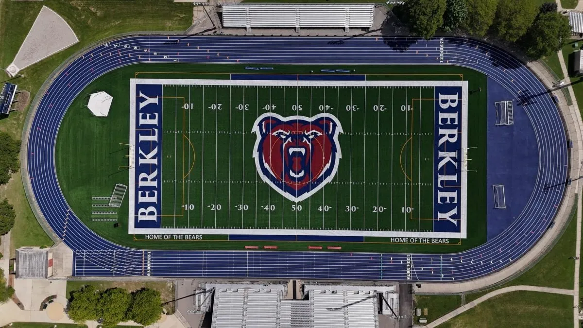 Aerial of the completed Hurley Field turf and track
