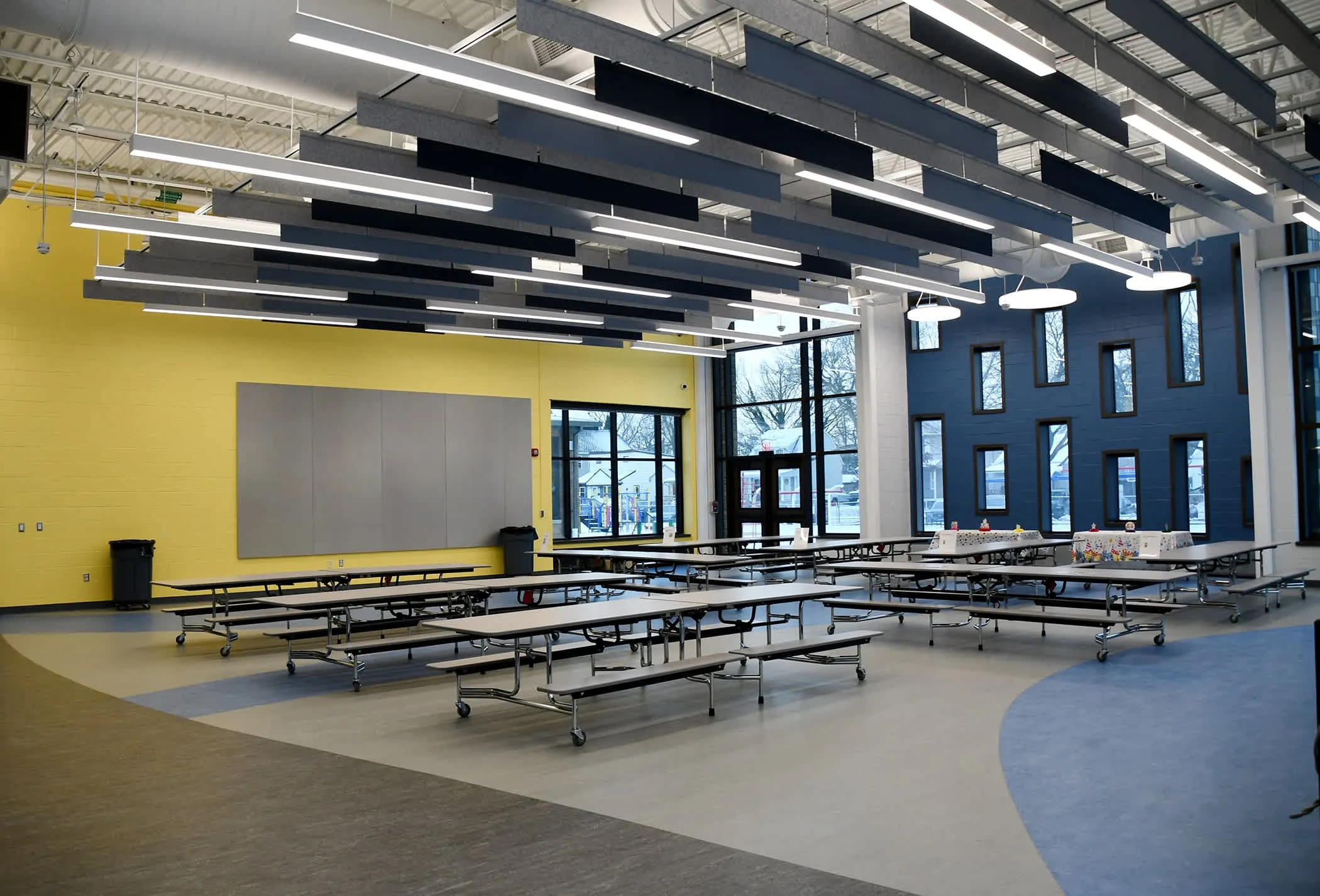 Completed multi-purpose room addition at Pattengill Elementary in Berkley district colors