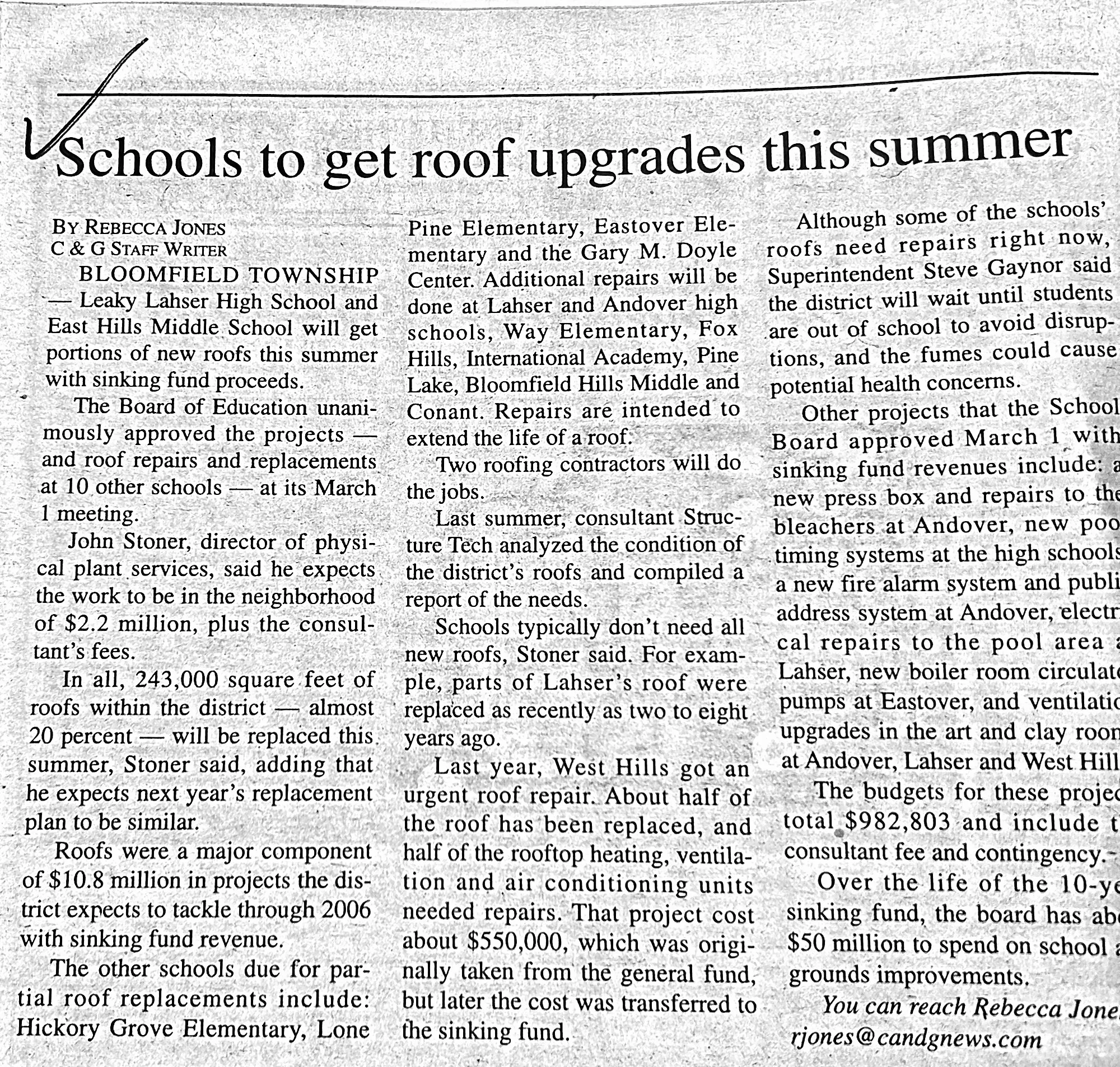 Newspaper clipping headlined “Schools to get roof upgrades this summer,” by Rebecca Jones of C&G Newspapers