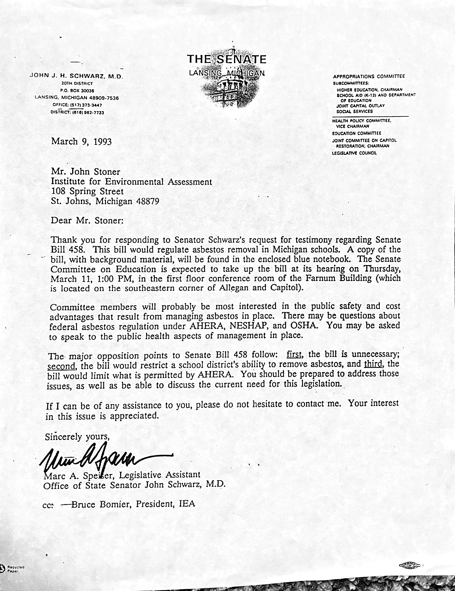 Letter on Michigan Senate letterhead dated March 9, 1993, to John Stoner about testimony on Senate Bill 458