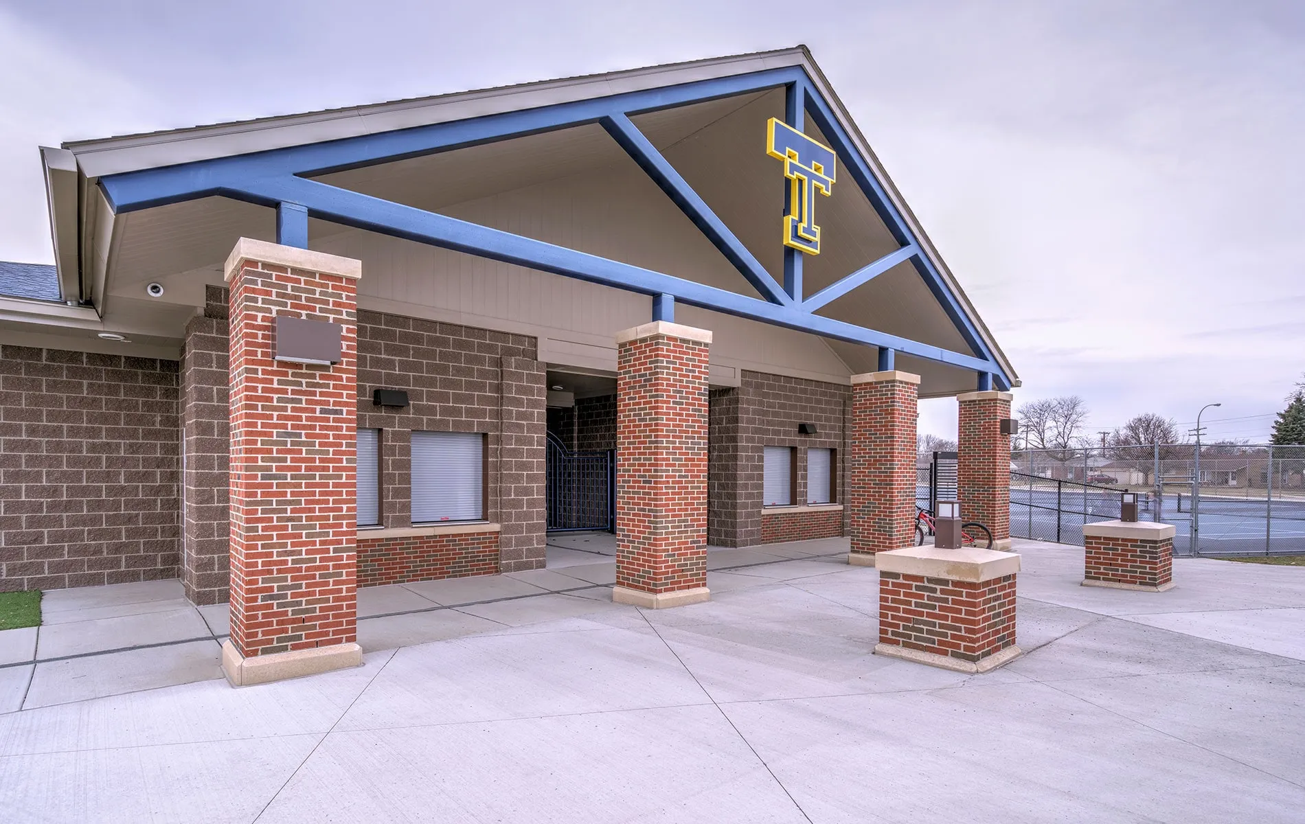 Athletic complex concession pavilion with the Trenton T
